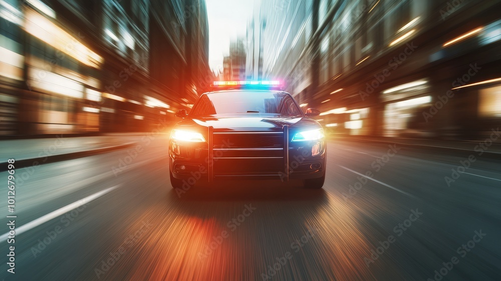 Illuminated Police Car in Urban Night Scene Illuminated Police Car in Urban Night Scene