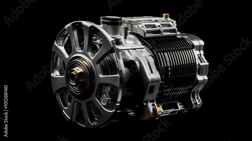 Detailed structure and diagram of a car alternator and isolated generator on black background photo