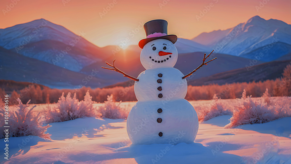 Obraz premium A Joyful Snowman in Iceland’s Sunset Glow