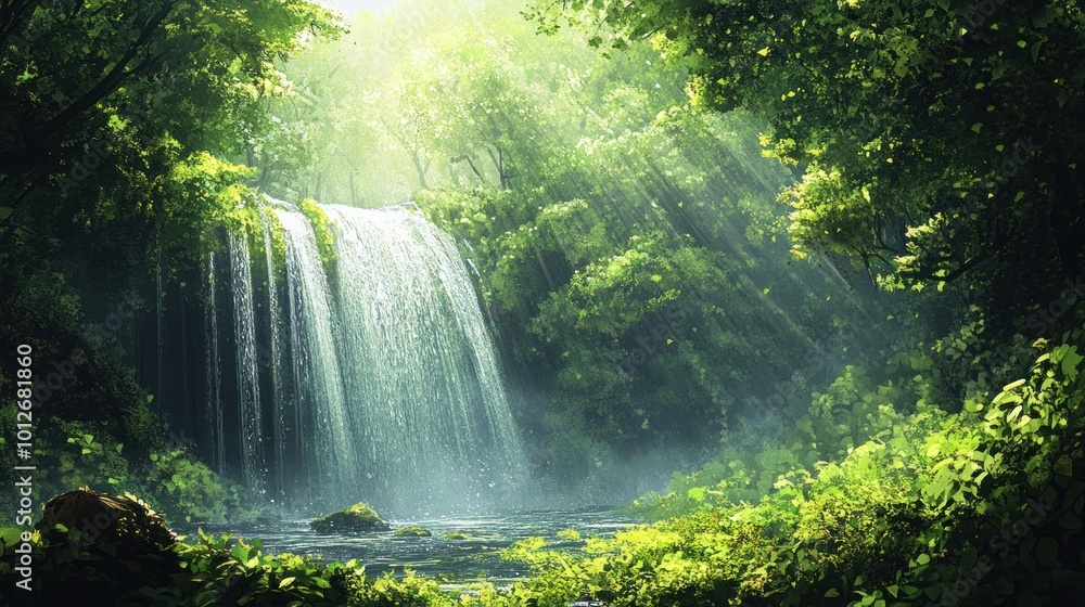 Tranquil Waterfall in a Lush Forest Tranquil Waterfall in a Lush Forest