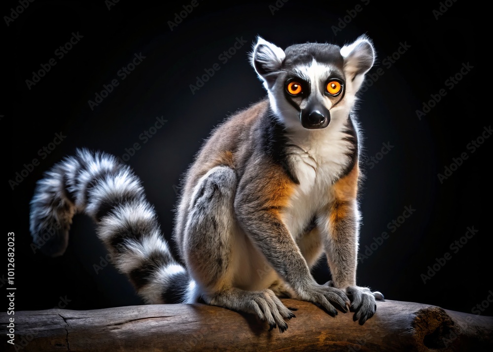 A restless cat lemur, adorned with a striking striped tail and luminous eyes, awakens against a dark night A restless cat lemur, adorned with a striking striped tail and luminous eyes, awakens against a dark night