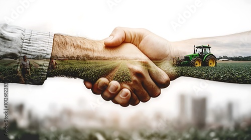 Wallpaper Mural A handshake overlaid with green agricultural fields, farmers, and tractors, symbolizing sustainable agriculture and eco-friendly farming partnerships. Torontodigital.ca