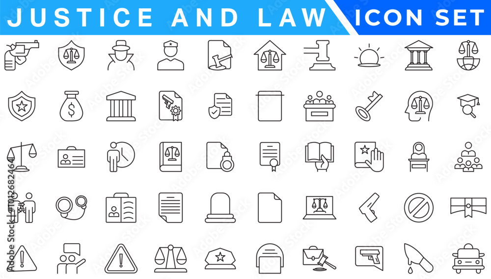 Law and Justice icons. Law and justice icon set suitable for info graphics, websites and print media. Modern thin line icons of law and lawyer service Law and Justice icons. Law and justice icon set suitable for info graphics, websites and print media. Modern thin line icons of law and lawyer service