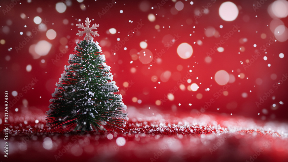 A beautifully decorated Christmas tree surrounded by falling snowflakes on Christmas Day A beautifully decorated Christmas tree surrounded by falling snowflakes on Christmas Day