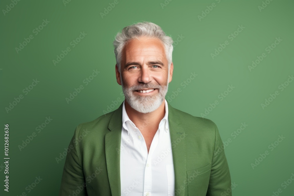 Handsome mature man with grey hair and beard on green background Handsome mature man with grey hair and beard on green background