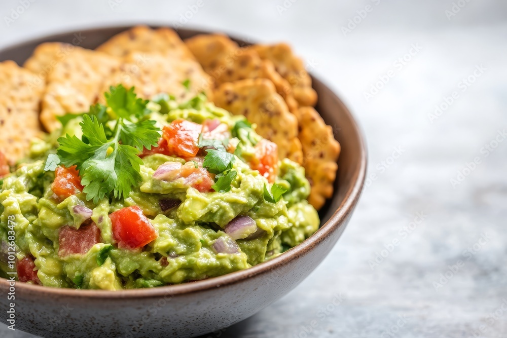 Bowl of fresh guacamole with a side of whole grain crackers, brain-boosting snack Bowl of fresh guacamole with a side of whole grain crackers, brain-boosting snack