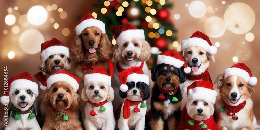 Group of dogs wearing Santa hats Group of dogs wearing Santa hats