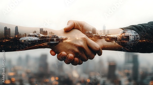 Fototapeta Naklejka Na Ścianę i Meble -  Double exposure of a handshake intertwined with space habitats, futuristic space stations, and interstellar travel, symbolizing partnerships in space colonization and advanced space travel.