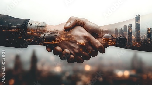 Fototapeta Naklejka Na Ścianę i Meble -  Double exposure of a handshake intertwined with space habitats, futuristic space stations, and interstellar travel, symbolizing partnerships in space colonization and advanced space travel.