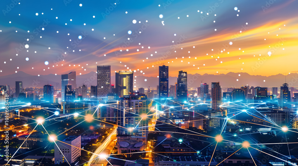 Fototapeta premium A futuristic city glowing with energy-efficient buildings, connected by an intelligent power grid with dynamic data lines, optimizing energy usage across the skyline 