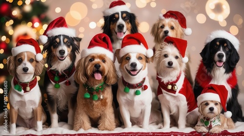 Group of dogs wearing Santa hats and collars