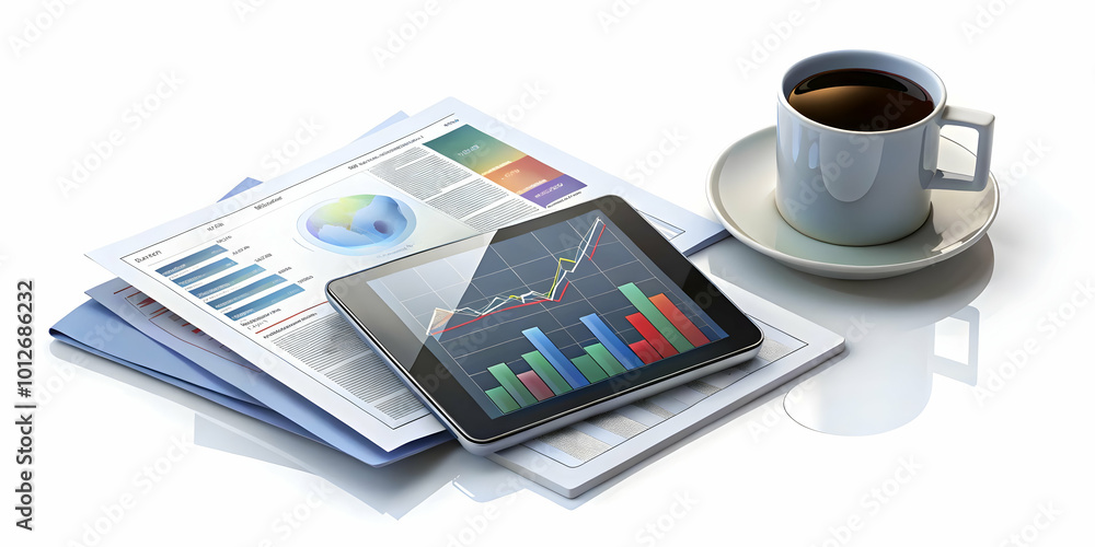 Business Magazines, Stock Market Charts on Tablet, and Coffee Mug: A Business Analysis Concept for Financial Analysts and Investors Business Magazines, Stock Market Charts on Tablet, and Coffee Mug: A Business Analysis Concept for Financial Analysts and Investors