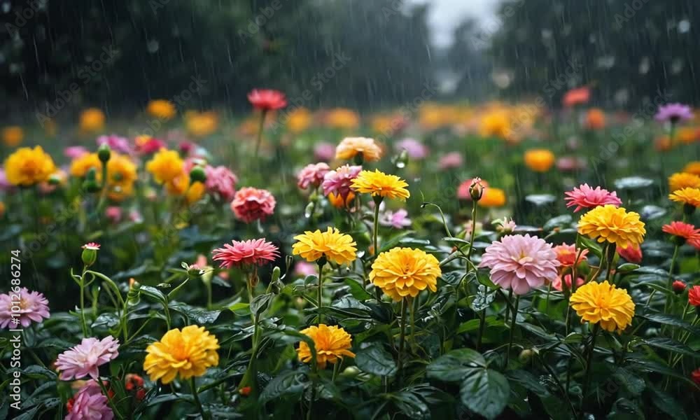A bunch of colorful flowers that are being rained on A bunch of colorful flowers that are being rained on