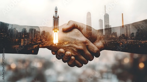 Fototapeta Naklejka Na Ścianę i Meble -  Double exposure of a handshake merged with rocket launches, satellites, and space stations, symbolizing partnerships in space exploration and aerospace technology.