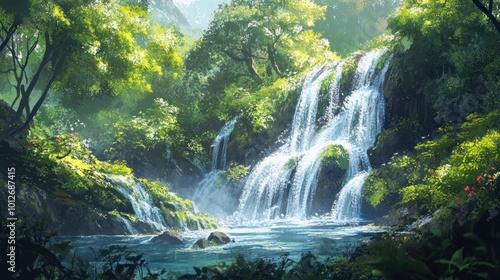 Serene Waterfall in Lush Forest