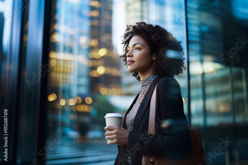 Black woman in business attire walking with coffee cup in modern cityscape, concept of urbanization and professional lifestyle