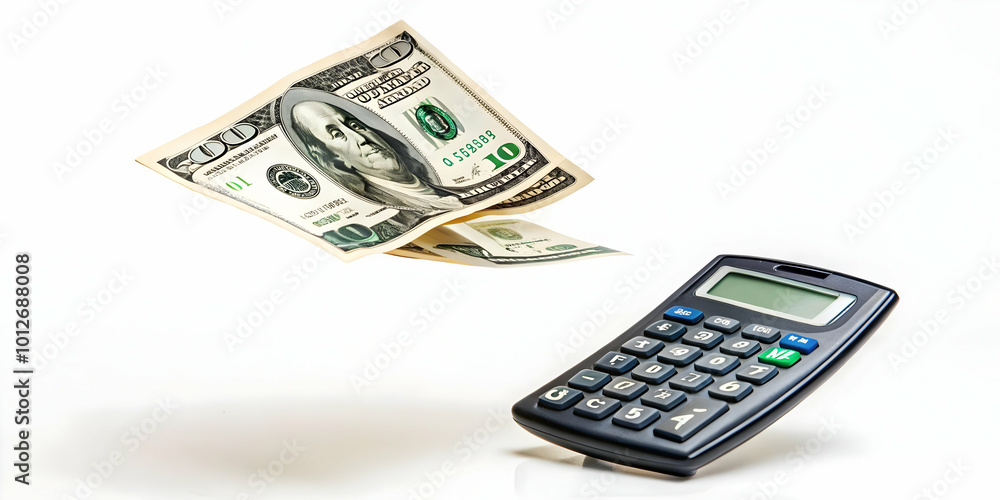 A Floating Dollar Bill and Calculator in Mid Air: Symbolizing Financial Planning, Budgeting, and Smart Money Management - Perfect for Budgeting Apps and Consumer Finance Advertisements A Floating Dollar Bill and Calculator in Mid Air: Symbolizing Financial Planning, Budgeting, and Smart Money Management - Perfect for Budgeting Apps and Consumer Finance Advertisements
