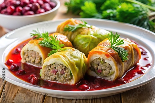 Forced perspective image of delicious holubtsi stuffed cabbage rolls with beef, rice, veggies, and cranberry sauce photo