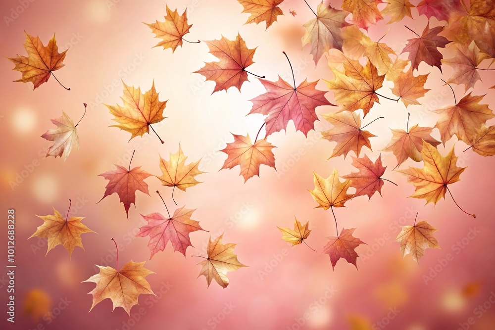 Forced perspective image of elegant falling maple leaves on soft pink background Forced perspective image of elegant falling maple leaves on soft pink background