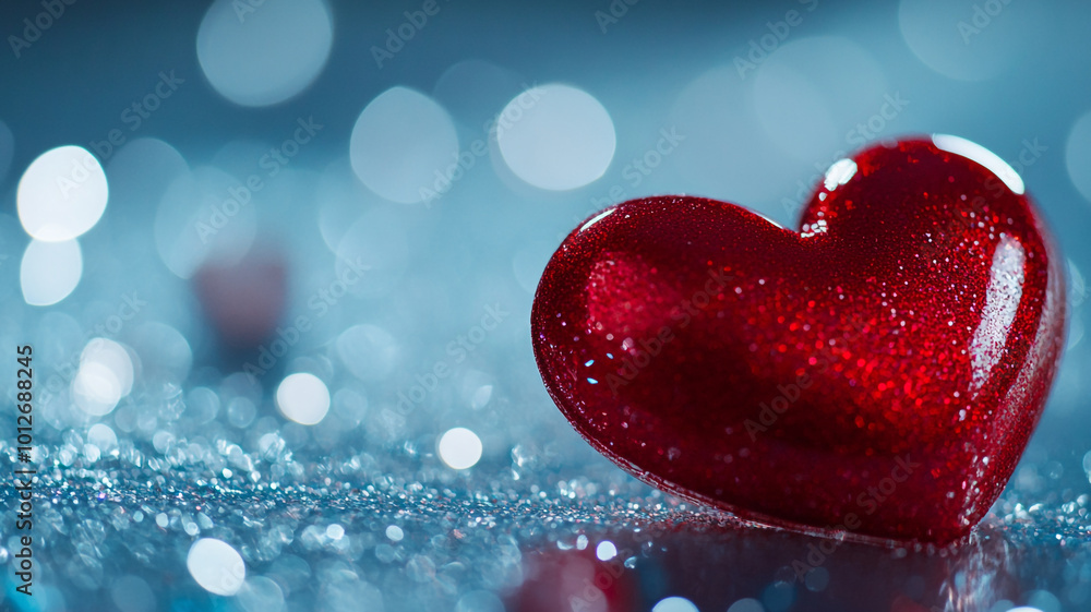 Fototapeta premium A sparkling red heart ornament reflecting Valentine's Day lights on a festive surface