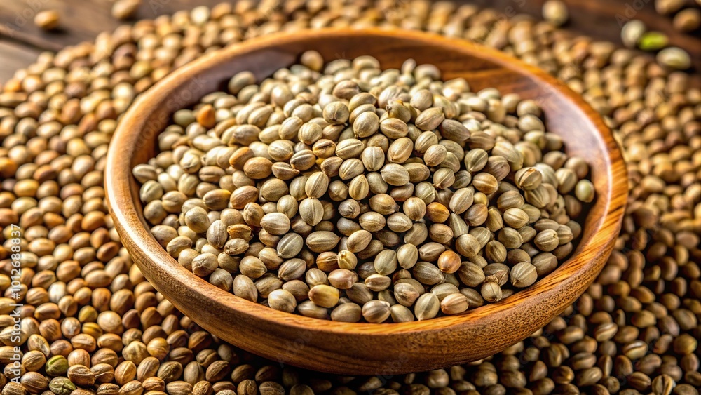 Forced perspective image of hemp seeds with focus on medicinal properties Forced perspective image of hemp seeds with focus on medicinal properties