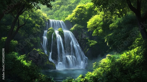 Tranquil Waterfall in Lush Forest
