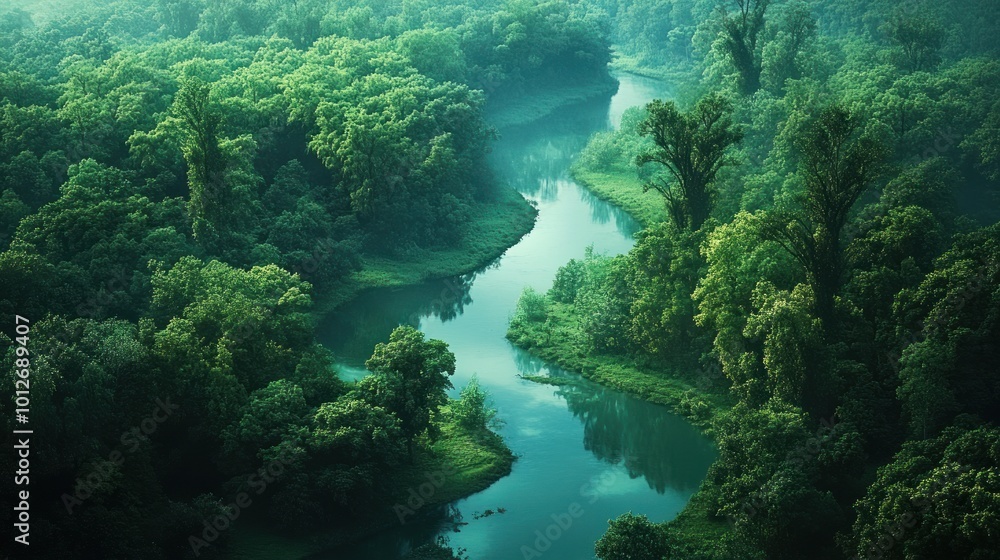 Aerial View of Serene River Winding Through Lush Forest Aerial View of Serene River Winding Through Lush Forest