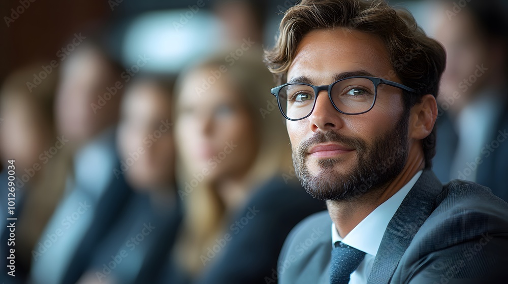 Businessman giving presentation to colleagues at meeting Businessman giving presentation to colleagues at meeting