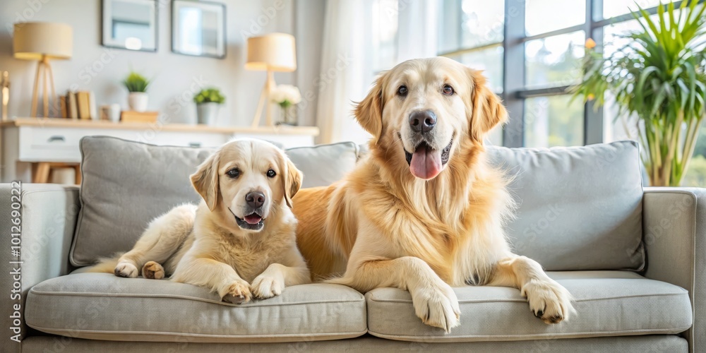 Charming Golden Retriever and playful puppy lounging comfortably on a sleek sofa, surrounded by a modern, tech-savvy Charming Golden Retriever and playful puppy lounging comfortably on a sleek sofa, surrounded by a modern, tech-savvy