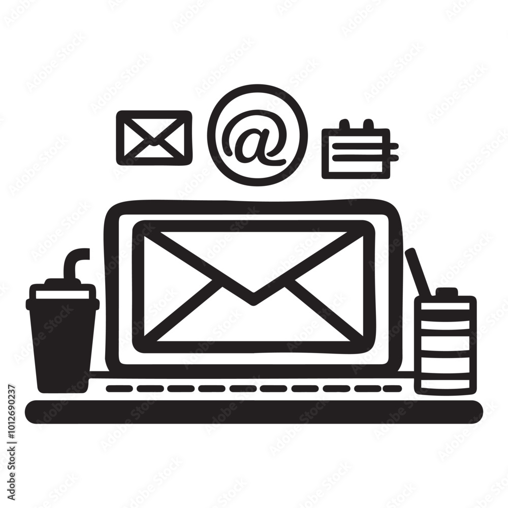 Modern Workspace with Email and Communication Icons Modern Workspace with Email and Communication Icons