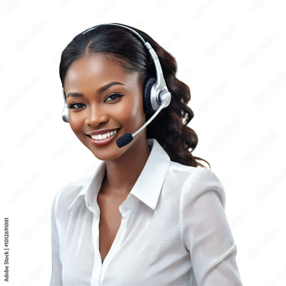 Smiling, Beautiful, and Friendly Fictional Young African Woman in a Customer Service Role, Wearing a Headset, Isolated on a Transparent Background Smiling, Beautiful, and Friendly Fictional Young African Woman in a Customer Service Role, Wearing a Headset, Isolated on a Transparent Background
