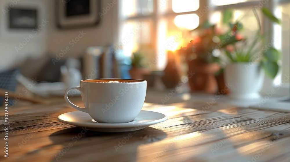 Fototapeta premium 窓際に置かれたコーヒーカップ,Generative AI AI画像