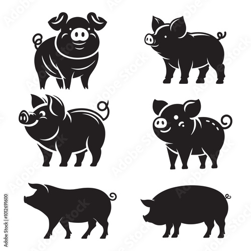 set of pig silhouettes cartoon vector