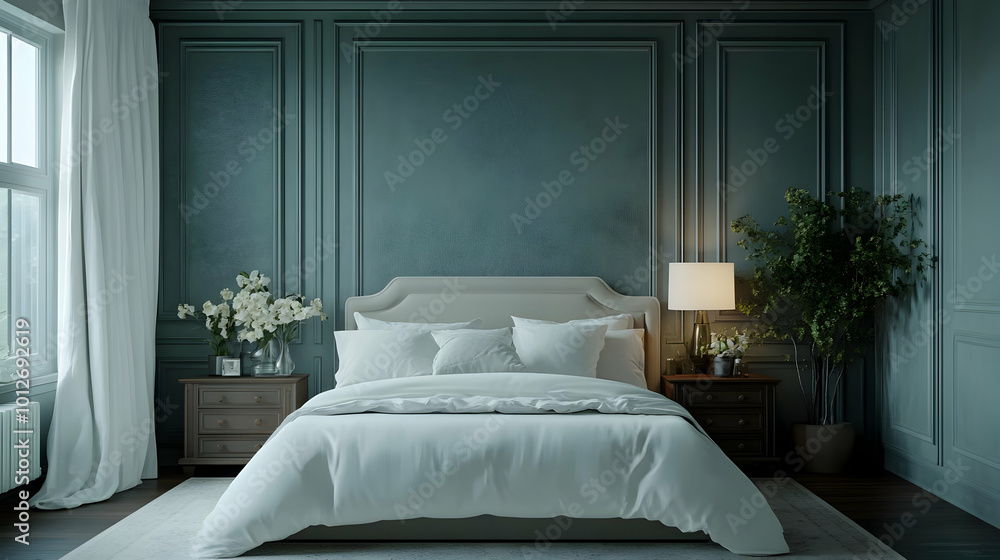 Modern Bedroom Interior Design with White Bed and Green Walls 3D Illustration Modern Bedroom Interior Design with White Bed and Green Walls 3D Illustration