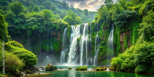 Forced perspective lush green forest with majestic waterfall cascading down cliffs