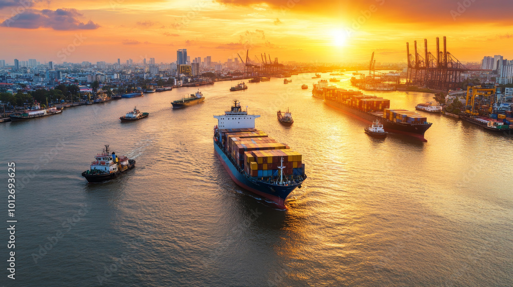 Fototapeta premium bustling river scene with multiple cargo ships navigating through water at sunset, showcasing vibrant colors and lively atmosphere. skyline features urban buildings and industrial structures,