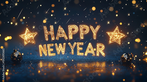 Glowing golden 'Happy New Year' text with stars and bokeh lights on a dark blue background.