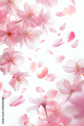  Delicate sakura petals blossom on white background for spring and spa products