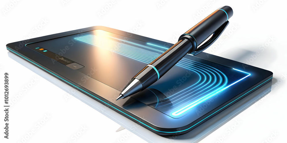 Macro Shot of a Futuristic Smart Pen Signing a Digital Document - Close-Up Image Highlighting Technology and Traditional Signing in Modern Business on White Background Macro Shot of a Futuristic Smart Pen Signing a Digital Document - Close-Up Image Highlighting Technology and Traditional Signing in Modern Business on White Background