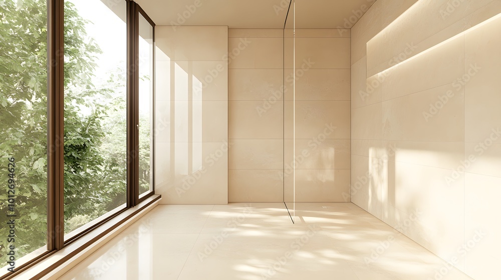 Fototapeta premium A beige home bathroom interior with a sleek glass shower and a window, providing a stylish and functional space