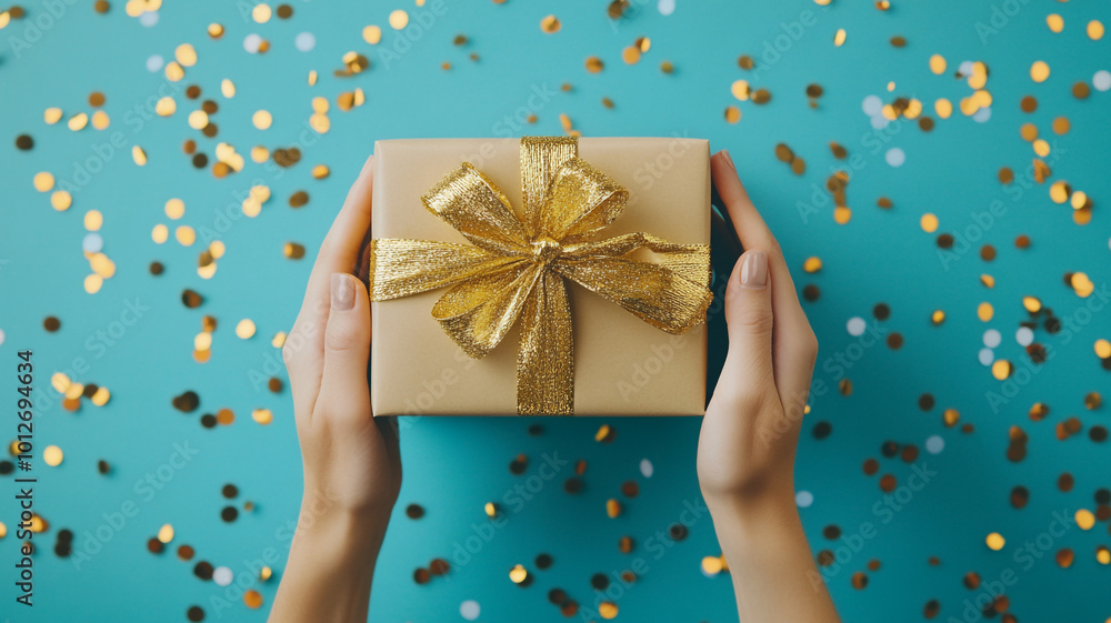 A person joyfully holding a beautifully wrapped gift on festive Christmas day celebrations A person joyfully holding a beautifully wrapped gift on festive Christmas day celebrations