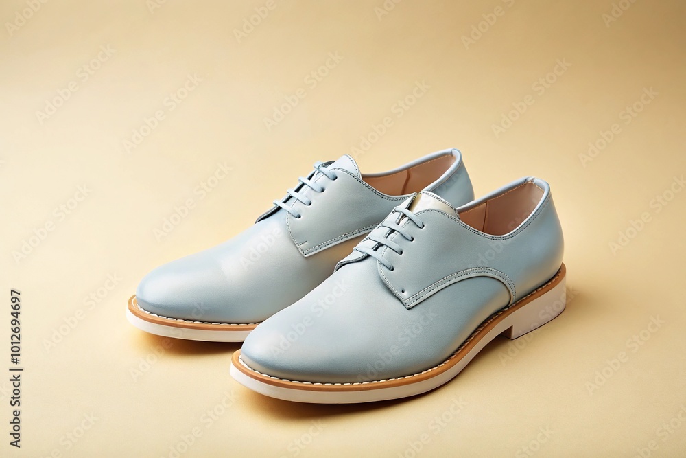 Forced perspective minimalist oxfords with chunky sole, powder blue color, lemon background Forced perspective minimalist oxfords with chunky sole, powder blue color, lemon background