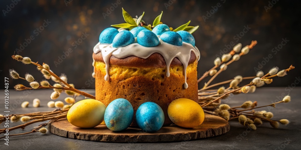 Fototapeta premium Easter cake adorned with vibrant blue and yellow eggs, complemented by delicate willow branches and feathers, set