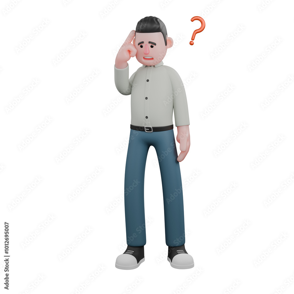 Cartoon Male Writer. A male writer stands with one hand on his head as if he is confused/thinking. 3D Creative Professional Cartoon Male Writer. A male writer stands with one hand on his head as if he is confused/thinking. 3D Creative Professional