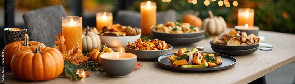 Autumn feast with pumpkins and candles on outdoor table. Autumn feast with pumpkins and candles on outdoor table.