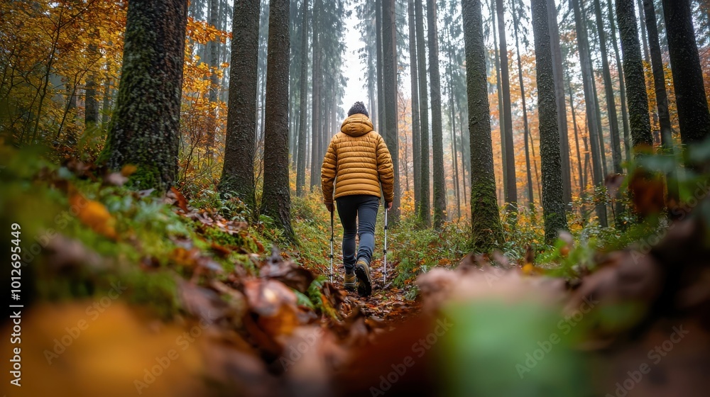 Person walking through autumn forest, surrounded by tall trees. Person walking through autumn forest, surrounded by tall trees.