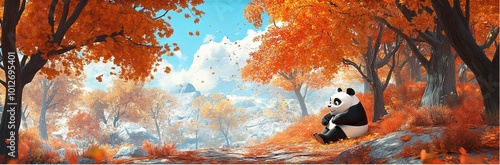 3D animated cartoon panda in autumn woods 