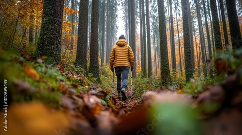 Person walking through autumn forest, surrounded by tall trees.