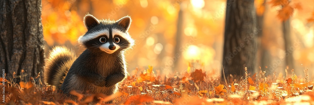 3D animated cartoon raccoon in autumn woods 3D animated cartoon raccoon in autumn woods