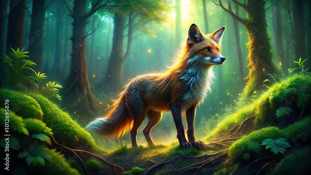 Obraz premium Forced perspective mystical ethereal fox creature in lush forest